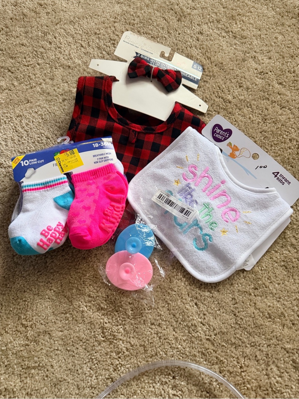 Rising Star plaid Bib, with Pastel 'Shine the Stars' Embroidery Bib & Socks